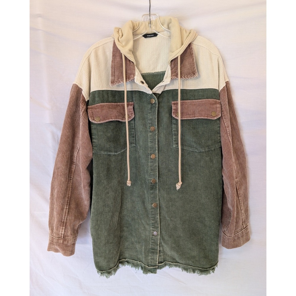 Dokotoo XL Corduroy Hooded Shirt Jacket Color Block Snap Front Shacket Boho